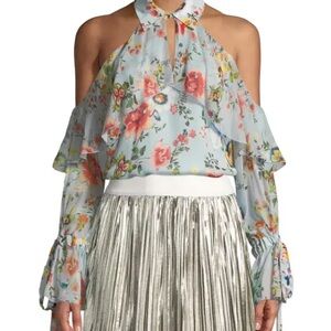 Alice + Olivia Blayne cold-shoulder floral-print silk blouse In Size L